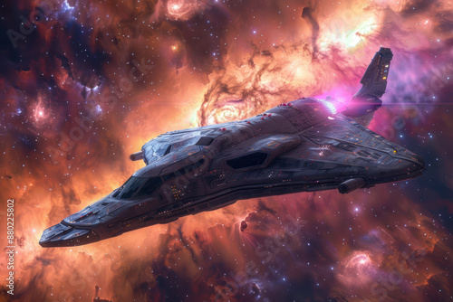 A spaceship flying through a nebula
