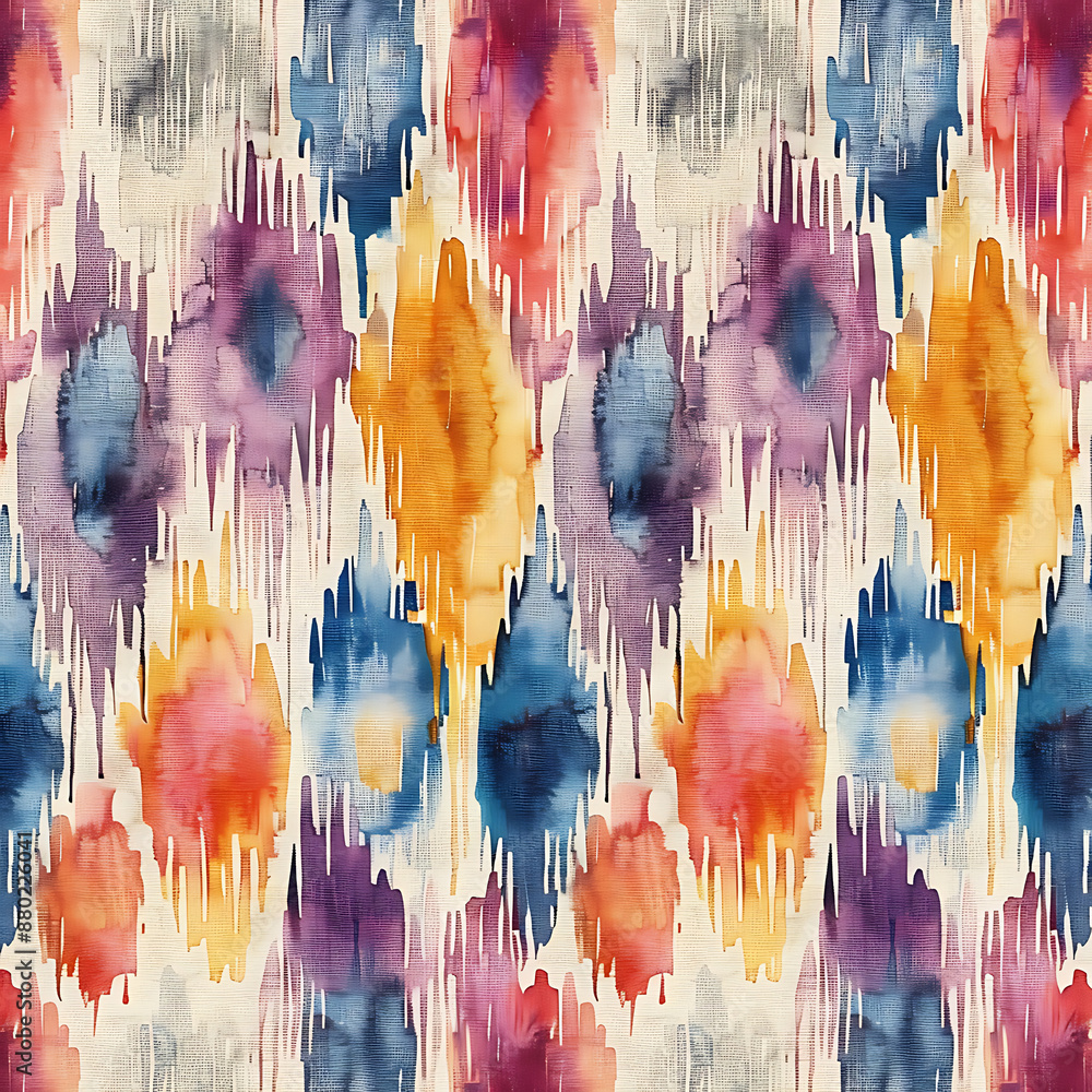 Obraz premium Simple colorful ikat painted texture pattern watercolour ethnic print fabric.