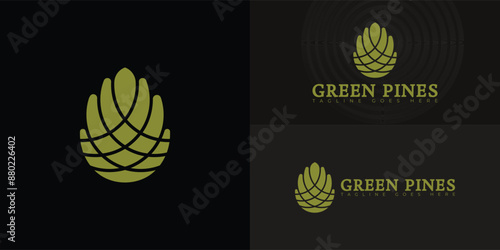 Vector logo with an abstract image of a green pine cone logo in green colors isolated on multiple background colors. The logo is suitable for Luxury Mountain Lodge logo design inspiration templates.