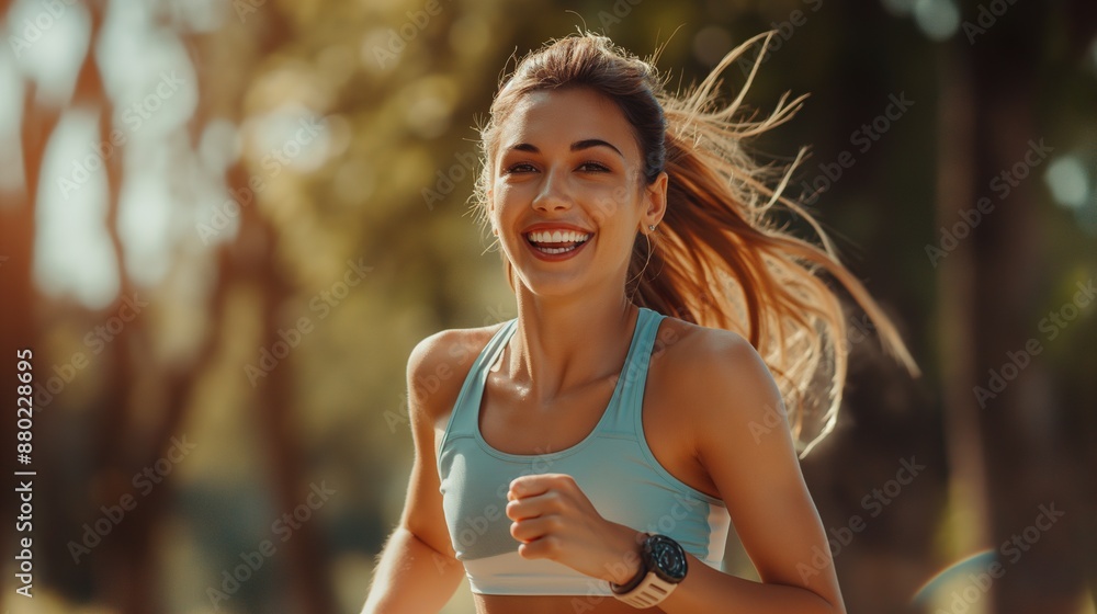 Smiling Woman Running in the Park with a Watch on a Bright Day, Promoting Outdoor Fitness and a Healthy Lifestyle Smiling Woman Running in the Park with a Watch on a Bright Day, Promoting Outdoor Fitness and a Healthy Lifestyle