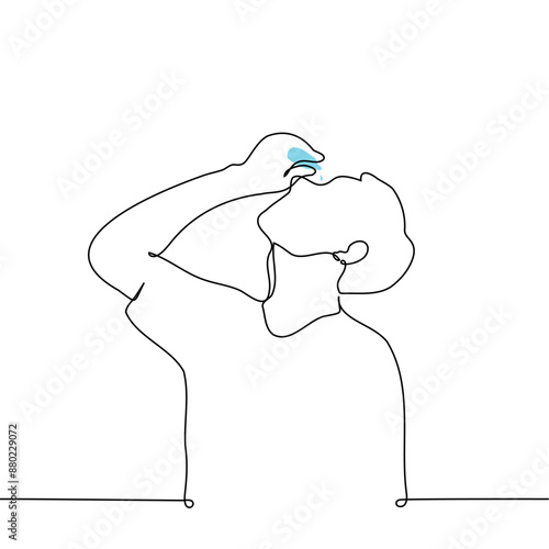 man dripping eye drops - one line art vector. concept eye soreness, conjunctivitis