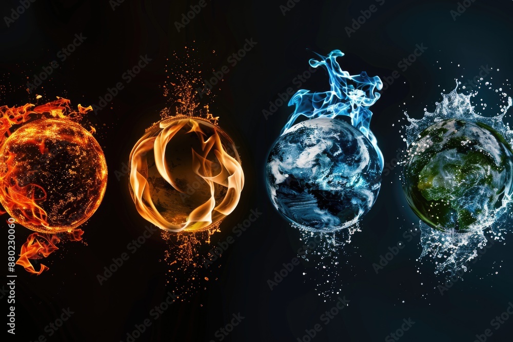 Picture shows the four elements of a fire and water cycle, including