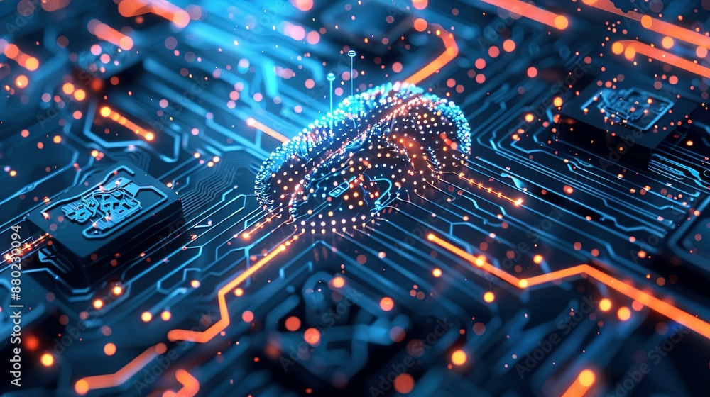 Neural circuits and electronic cyber brain within a quantum computing system, representing artificial intelligence technology, biotechnology innovation, robotic advancements, and machine learning. Neural circuits and electronic cyber brain within a quantum computing system, representing artificial intelligence technology, biotechnology innovation, robotic advancements, and machine learning.