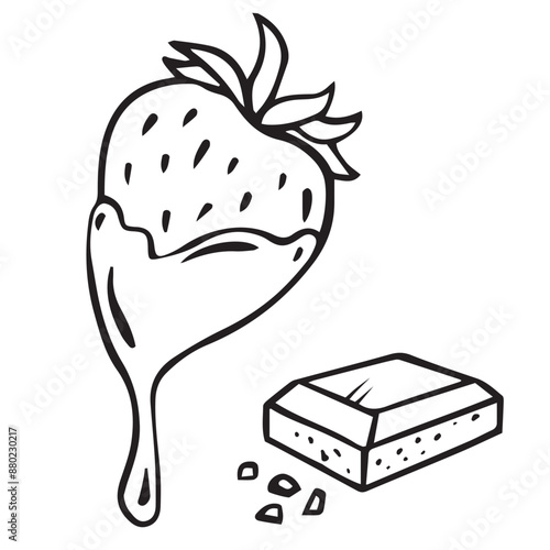 sketch of chocolate covered strawberries and a piece of chocolate bar. Hand drawn vector illustration on white background. Berry icon for logo, poster, flyer, banner, menu, cookbook design