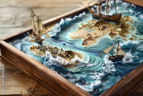 An Antique-Style GPS Device Crafted with Intricate Glue Work Featuring a Map Overlaid with Navigational Routes over Ocean Currents