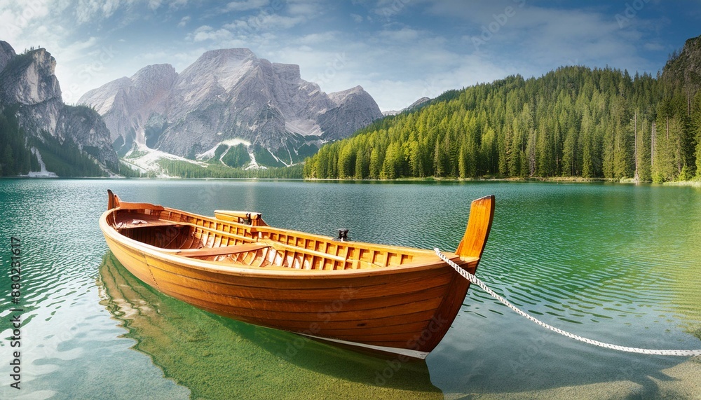 Wooden rowboat on a still mountain lake, creating a sense of tranquility Wooden rowboat on a still mountain lake, creating a sense of tranquility
