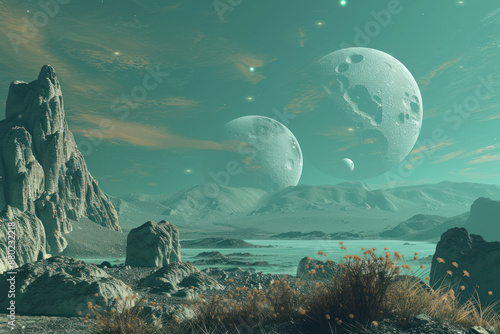 An alien landscape with three moons 