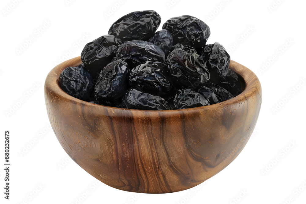 Prunes in a wooden bowl isolated on transparent background Prunes in a wooden bowl isolated on transparent background