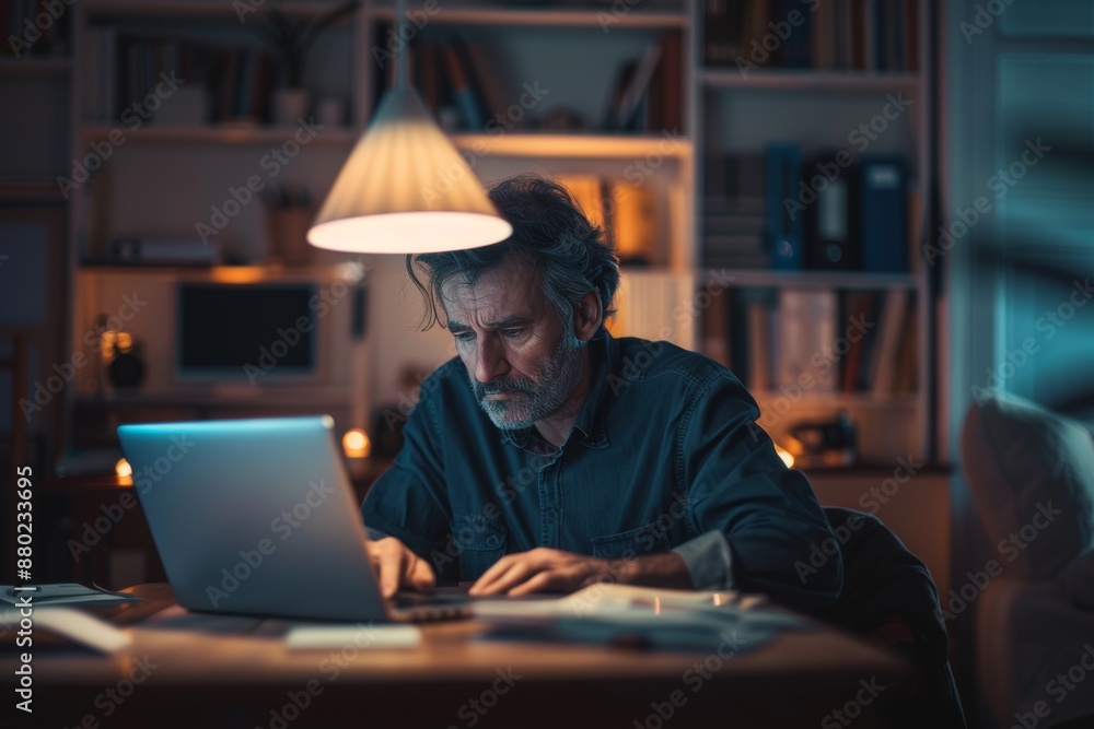 Man working late on laptop in dimly lit home office. Man working late on laptop in dimly lit home office.
