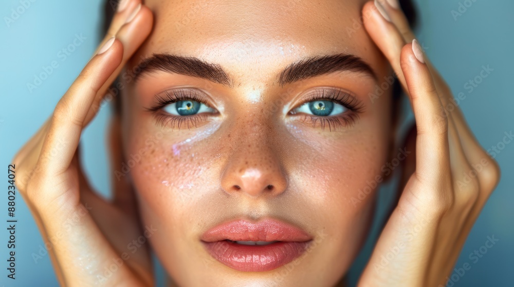 Fototapeta premium Beautiful young model taking care of the skin around her eyes Facial massage and eye treatment Young woman with perfect skin touching her face Spa and Wellness Skincare Concept