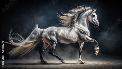 Majestic gray thoroughbred stallion with flowing mane and tail stands proudly on hind legs against a dark background.