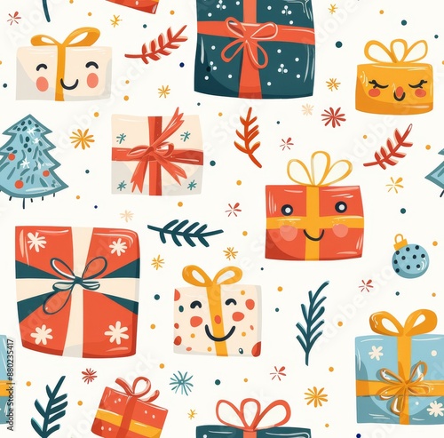 A cheerful pattern of wrapped Christmas gifts with faces, surrounded by festive elements and decorations