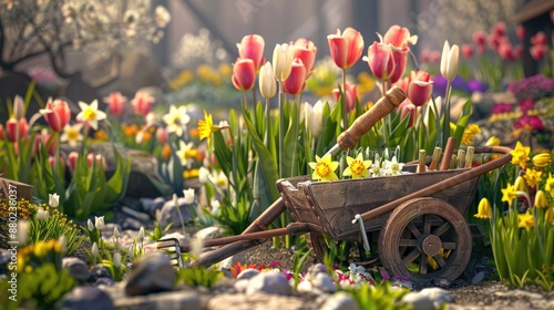 A charming garden with a mix of flowering bulbs like tulips and daffodils, a rustic wooden wheelbarrow filled with garden tools.