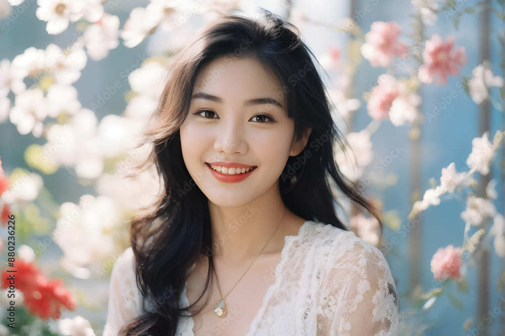 A woman with long black hair and a white lace dress is smiling A woman with long black hair and a white lace dress is smiling