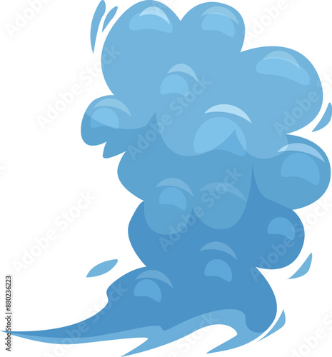 Cartoonish blue smoke cloud rising up, billowing fumes swirling in a stylized depiction of vapor or fog