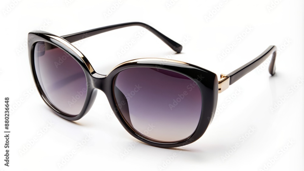 Elegant, high-gloss, black, plastic-framed women's sunglasses with open arches isolated on a pristine white background, showcasing sleek design details. Elegant, high-gloss, black, plastic-framed women's sunglasses with open arches isolated on a pristine white background, showcasing sleek design details.