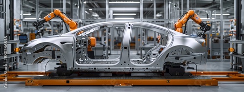 Car frame being assembled by robotic arms in an automotive production line