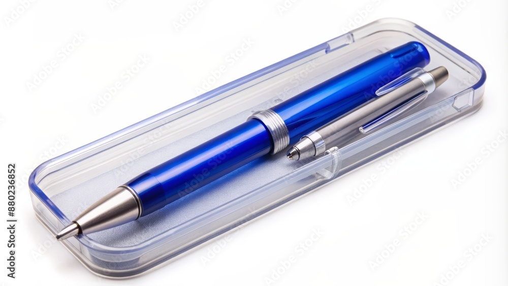 Simple blue ballpoint pen with open cap in transparent case isolated on white background for school and office stationery. Simple blue ballpoint pen with open cap in transparent case isolated on white background for school and office stationery.