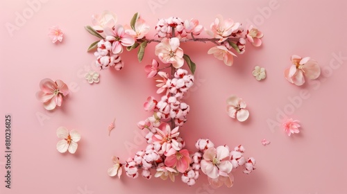 Flower arrangement in the shape of the letter T on pink background