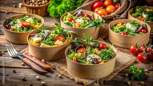Vibrant, freshly prepared organic meal in earthy paper containers on a rustic wooden table, surrounded by lush greenery and soft lighting. © Man888