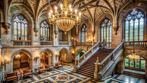 Opulent, high-ceilinged, medieval-style great hall with ornate chandeliers, marble floors, and grand staircase, surrounded by stone walls and tall windows.