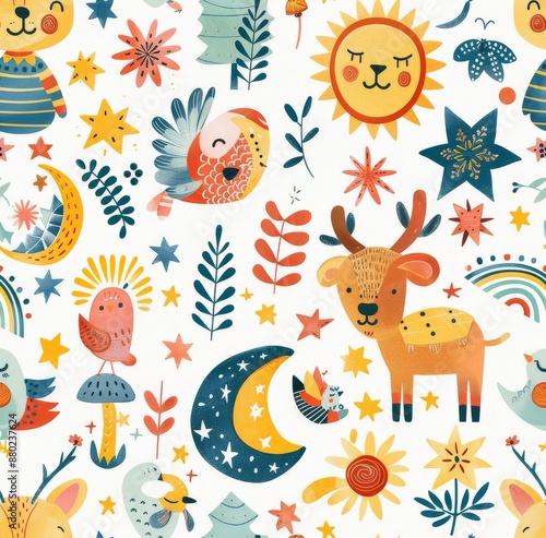 Cheerful seamless pattern featuring jolly Santa faces, winter solstice, Christmas ornaments, and festive decorations in a vibrant, hand-drawn style