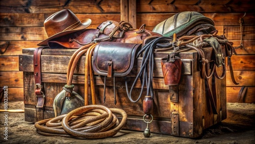 A worn leather saddle sits atop a wooden trunk, surrounded by horse bridles, reins, and various equestrian equipment pieces.