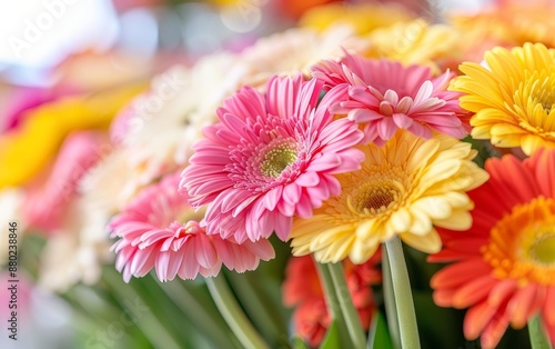 Close-up of colorful gerbera daisies in bloom.
