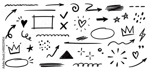 Line shape marker underline, arrow, heart brush element set. Hand drawn sketch marker underline shape, arrow, heart scribble brush pen stroke element. Crown, love graphic icon. Vector illustration