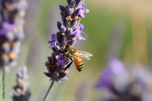 Abeille Butinant une Fleur sur un Brin d'Herbe, abeille, butiner, fleur, brin d'herbe, insecte, nature, pollinisation, macro