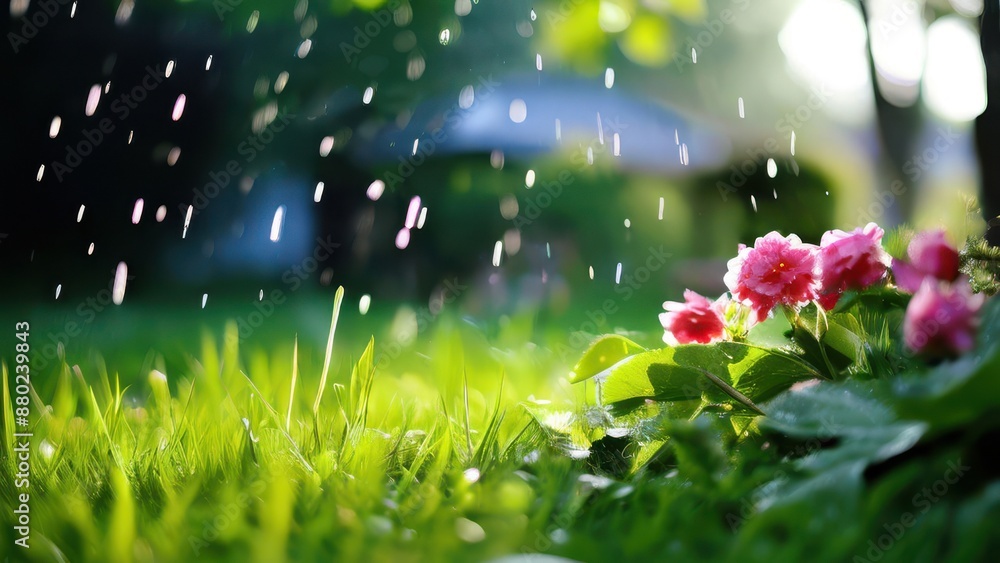 Fototapeta premium Rainy Day Garden Scene with Pink Flowers and Lush Green Grass