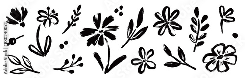 Flower abstract hand drawn brush ink stroke. Sketch hand drawn silhouette floral plant, nature graphic leaf, floral grunge abstract brush. Vector simple flower, leaf ink stroke. Vector illustration