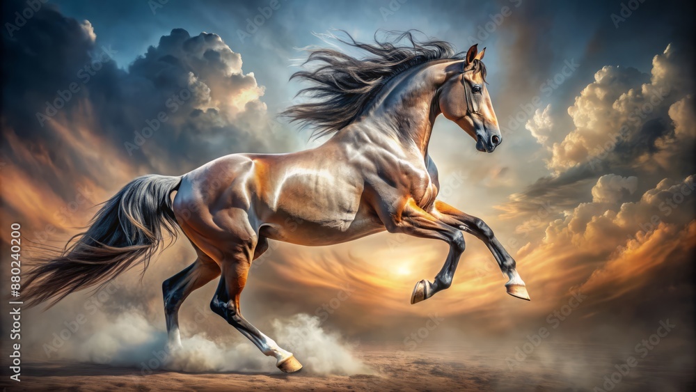 Majestic gleaming horse's muscular legs in motion, hooves pounding earth, suspended in mid-air, freedom and power embodied in elegant strides. Majestic gleaming horse's muscular legs in motion, hooves pounding earth, suspended in mid-air, freedom and power embodied in elegant strides.
