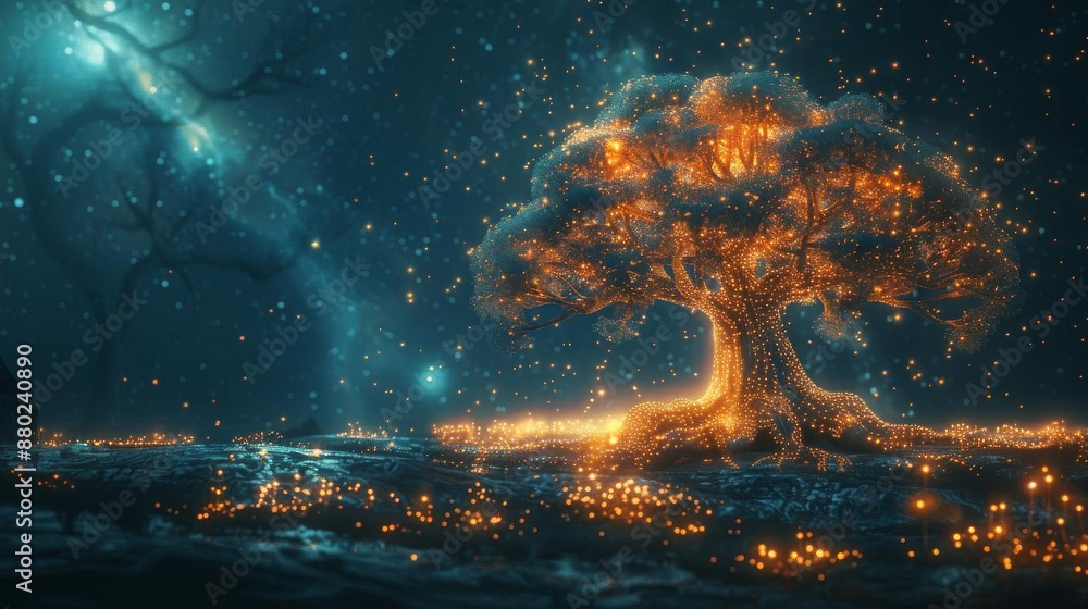 Obraz premium An advanced digital ecosystem featuring a tree made entirely of interconnected light nodes