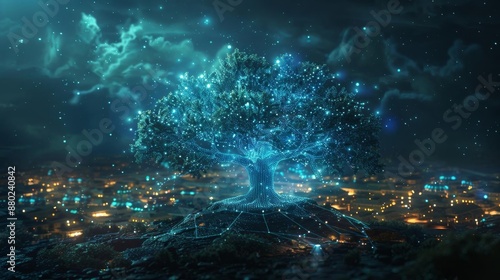 An advanced digital ecosystem featuring a tree made entirely of interconnected light nodes © Fayrin