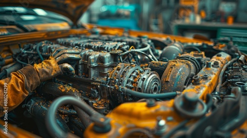 Close-up of a Mechanic Working on a Car Engine - Generative AI photo