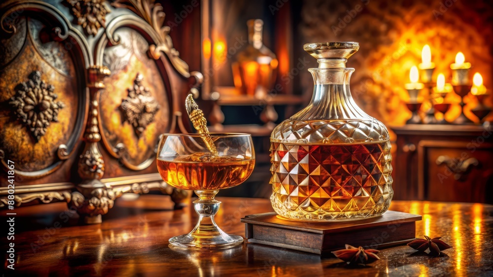 Luxurious amber liquid fills ornate decanter and snifter, surrounded by intricately carved wooden table and subtle warm lighting ambiance. Luxurious amber liquid fills ornate decanter and snifter, surrounded by intricately carved wooden table and subtle warm lighting ambiance.