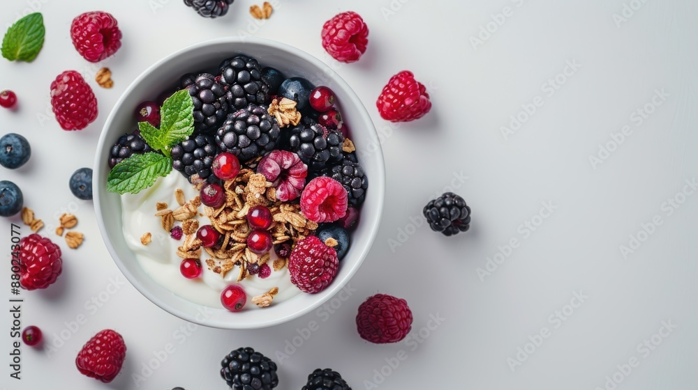 Bowl of mixed berries, yogurt, and granola, clean white background with generous copy space, bright and healthy, Photography Bowl of mixed berries, yogurt, and granola, clean white background with generous copy space, bright and healthy, Photography
