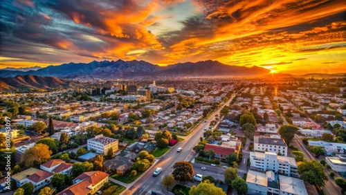 Vibrant orange sunset aerial view of Mar Vista neighborhood with sprawling cityscape and majestic Santa Monica mountains backdrop.