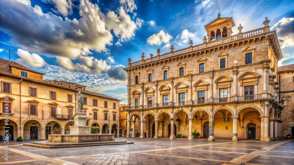 Fototapeta premium Ancient historic ornate Renaissance-inspired architecture of grand imposing stone building with ornate details in sunny Italy's picturesque piazza scene.
