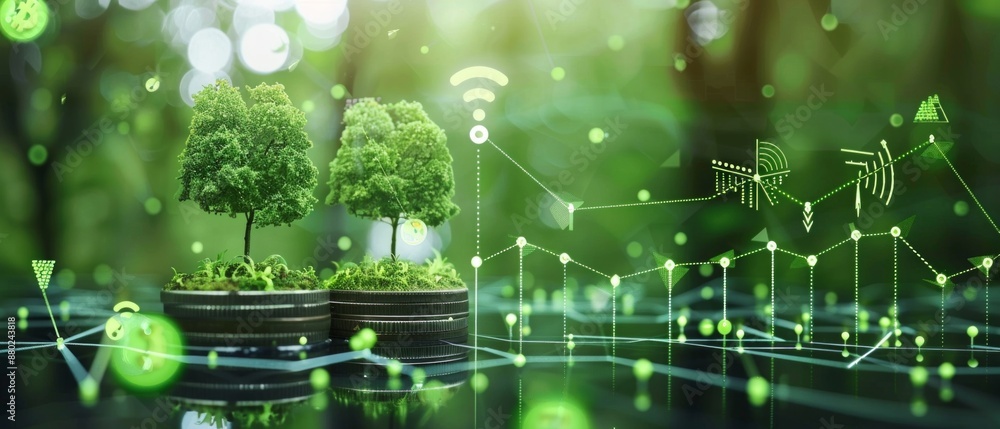 Green energy, eco energy concept. Trees growing on coin stacks symbolize green investments. A graph with renewable energy icons shows growth Green energy, eco energy concept. Trees growing on coin stacks symbolize green investments. A graph with renewable energy icons shows growth