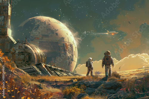 Space travelers discovering a new world 