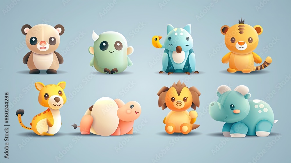Naklejka premium Cute animal characters with simple, rounded features, ideal for children's products.