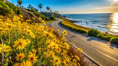 Vibrant yellow wildflowers bloom abundantly alongside paved bike path and parking lot adjacent to a serene beach in Los Angeles.