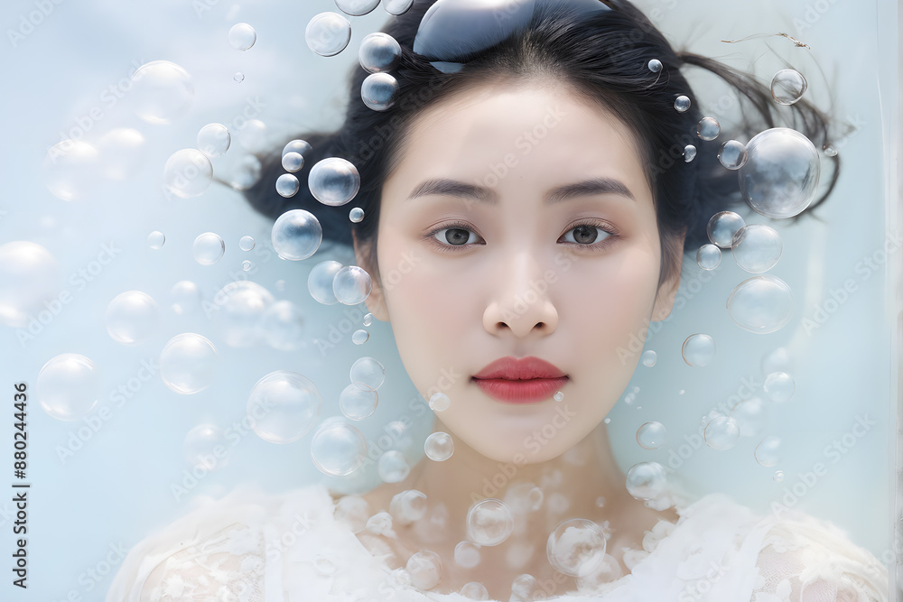 A woman is in a bathtub with bubbles surrounding her