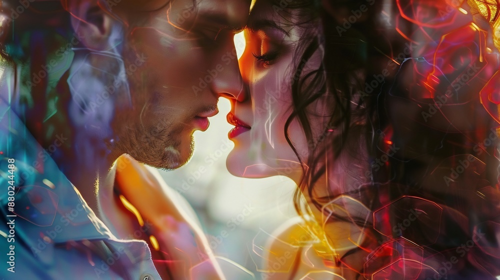 Couple hugging against colorful smoke background Couple hugging against colorful smoke background