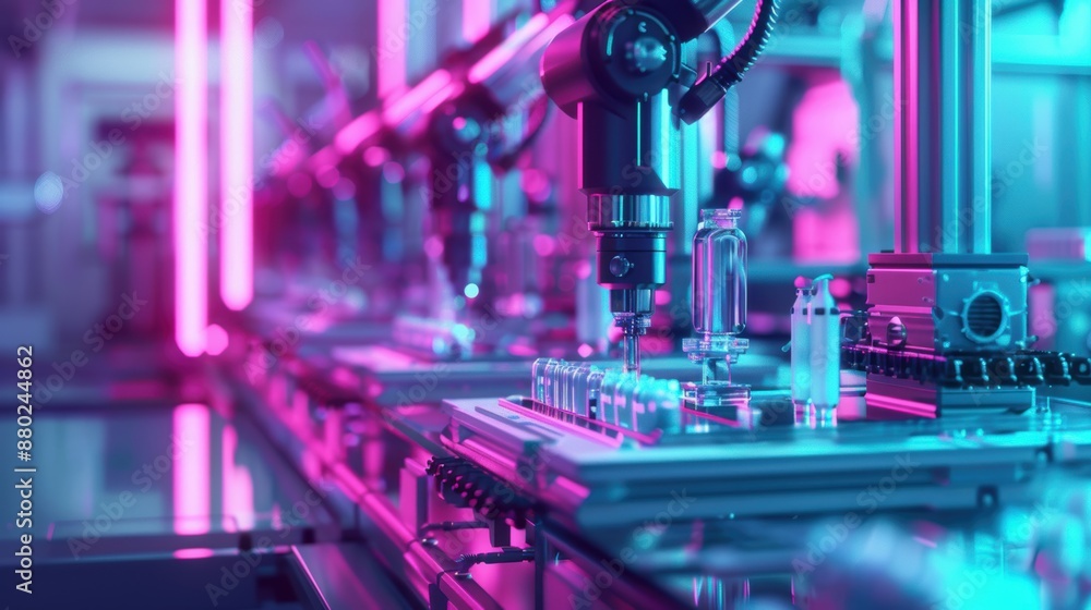 Futuristic pharmaceutical production line with robotic arms, glowing components, sterile and advanced setting, vibrant hues, Digital art Futuristic pharmaceutical production line with robotic arms, glowing components, sterile and advanced setting, vibrant hues, Digital art