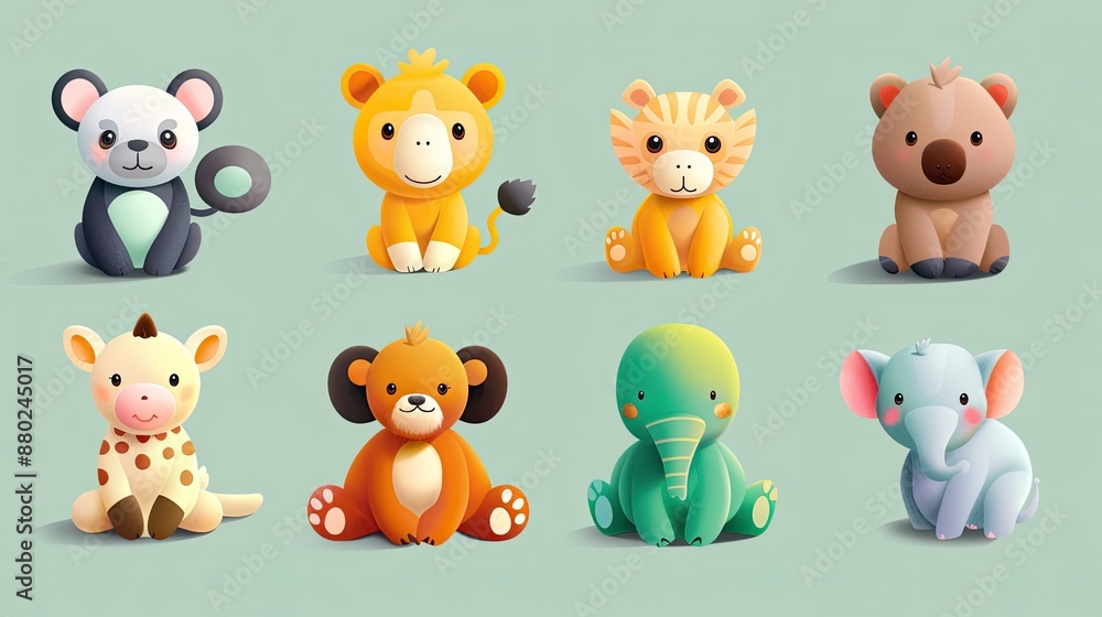 Naklejka premium Cute animal characters with simple, rounded features, ideal for children's products.