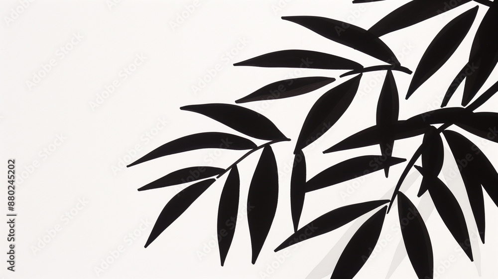 Fototapeta premium Minimalist Black Leaf Silhouette on White Background - Horizontal Art 