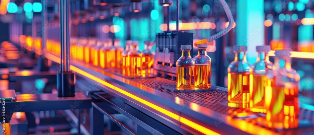 High-tech pharmaceutical assembly line, illuminated machinery, ultramodern lab with glowing colors, futuristic, Illustration High-tech pharmaceutical assembly line, illuminated machinery, ultramodern lab with glowing colors, futuristic, Illustration